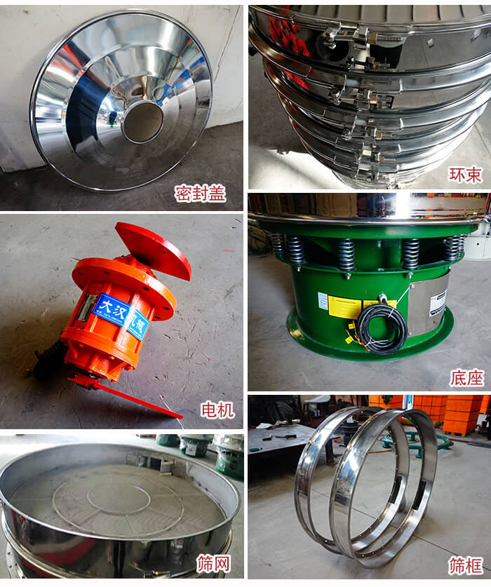 部件包括:密封蓋,環(huán)束,電機(jī),底座,篩網(wǎng),篩框等。