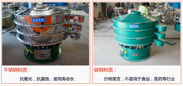 800型振動篩有不銹鋼和碳鋼兩種材質，不銹鋼材質：抗氧化，抗腐蝕，使用壽命長 碳鋼材質：價格便宜，不易篩分食品，化工，醫藥等行業的物料。