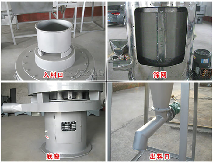 氣流篩部件展示：入料口，篩網，底座，出料口等。