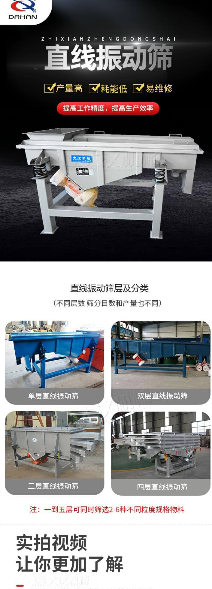 直線振動篩概述，產量高，耗能低，易維修，提高工作精度，提高生產效率，直線振動篩層級分類：不同層數，篩分目數和產量也不同：單層，雙層，三層，四層等。